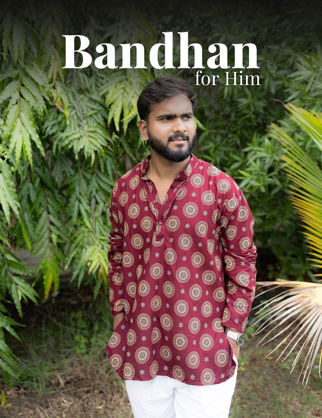 Bandhan – Maroon Printed Cotton Short Kurta for Men