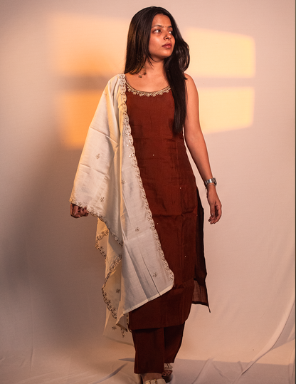 Ira – Brown Kurta Set with Ivory Embroidered Dupatta
