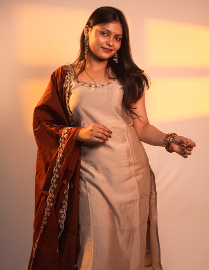 Iti - Cream Kurta Set With Ivory Embroidered Dupatta