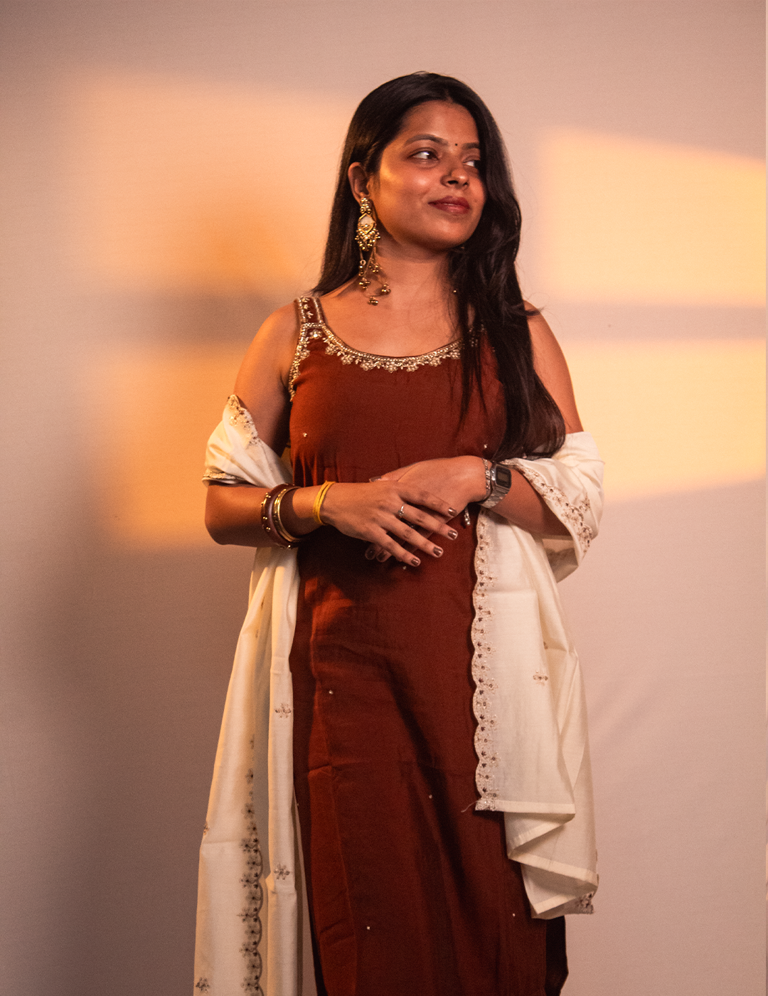 Ira – Brown Kurta Set with Ivory Embroidered Dupatta