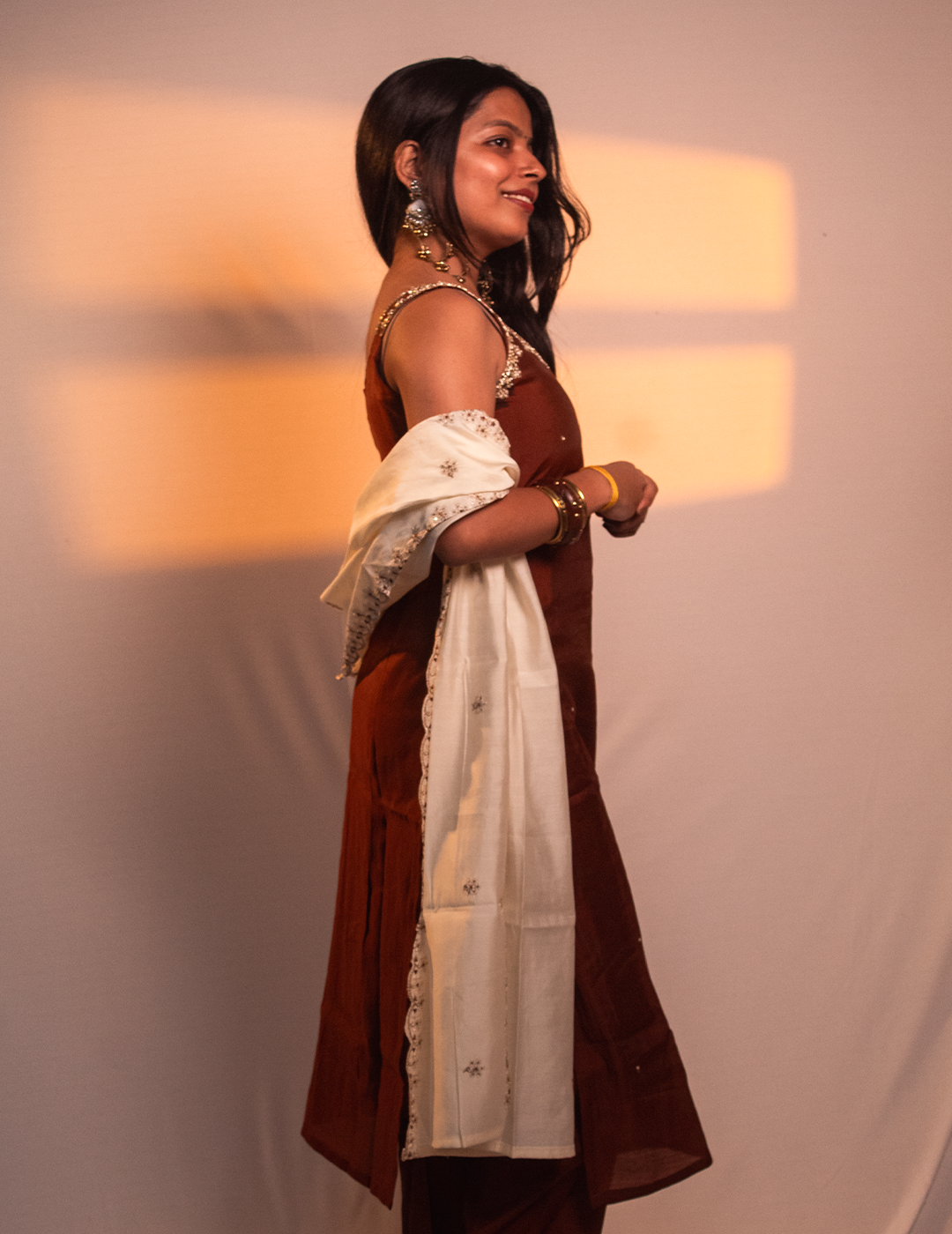 Ira – Brown Kurta Set with Ivory Embroidered Dupatta