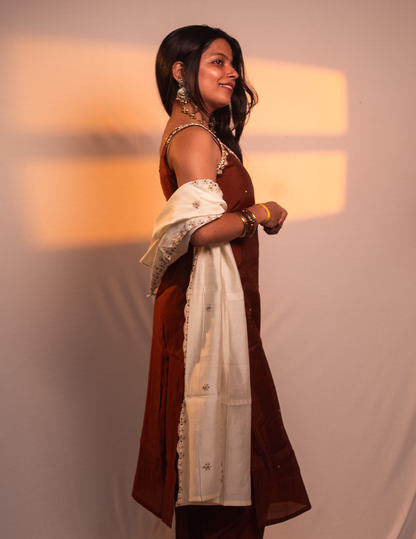 Ira – Brown Kurta Set with Ivory Embroidered Dupatta