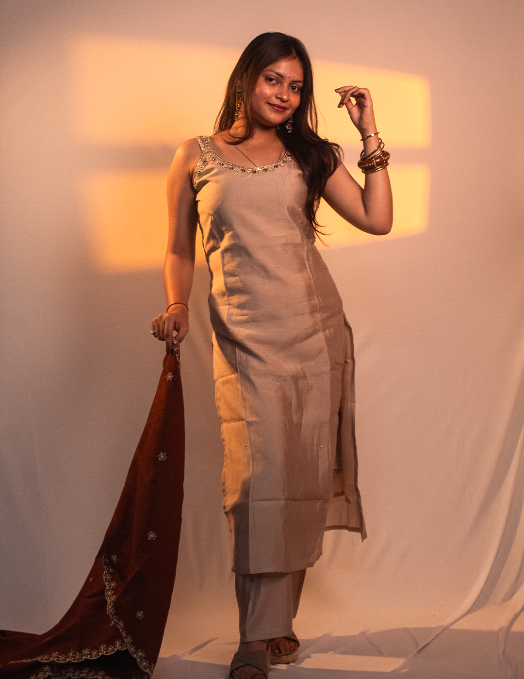 Iti - Cream Kurta Set With Ivory Embroidered Dupatta