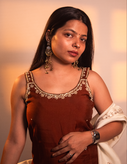 Ira – Brown Kurta Set with Ivory Embroidered Dupatta