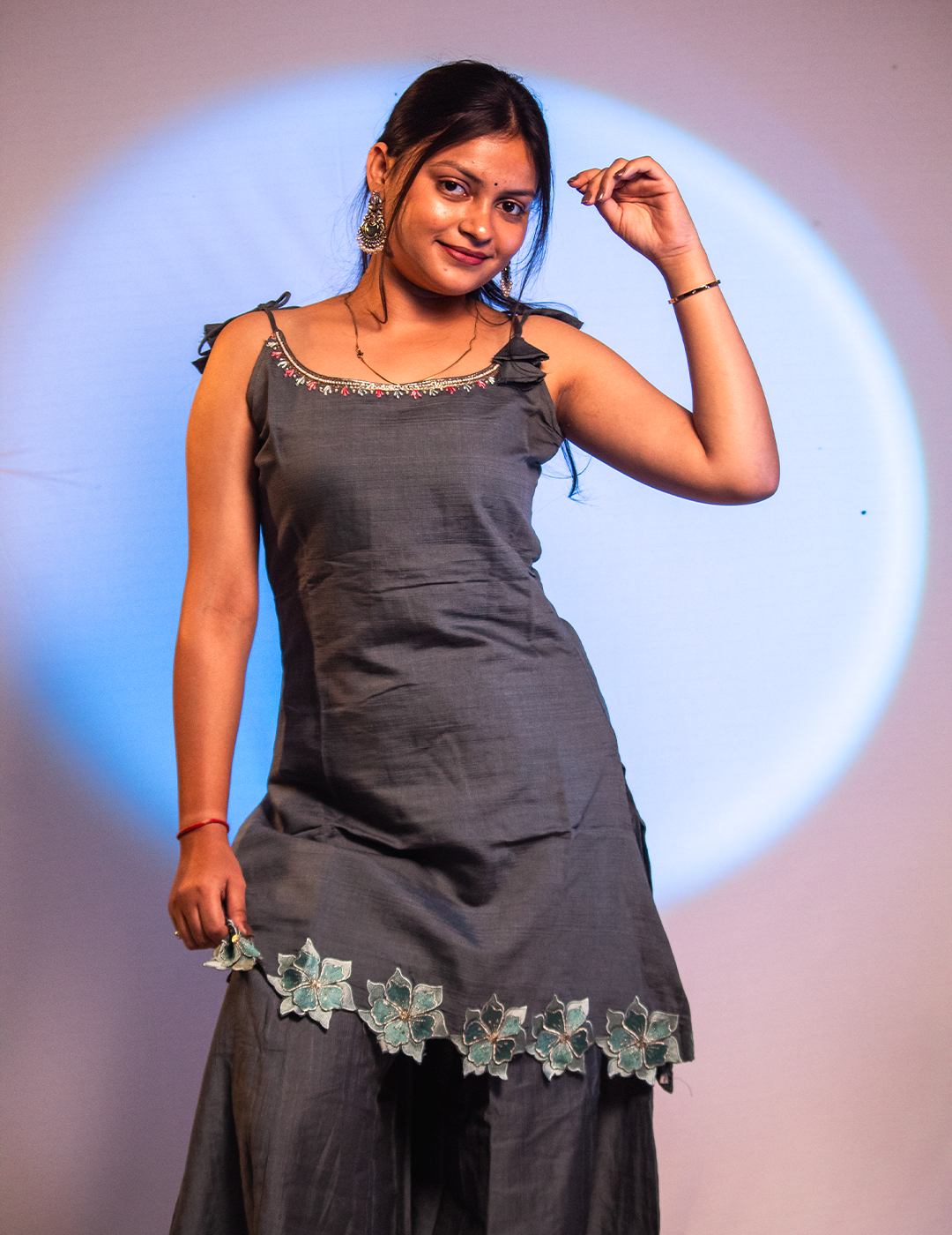 Aaira – Charcoal Grey Floral BorderTwo-Piece Kurta Set