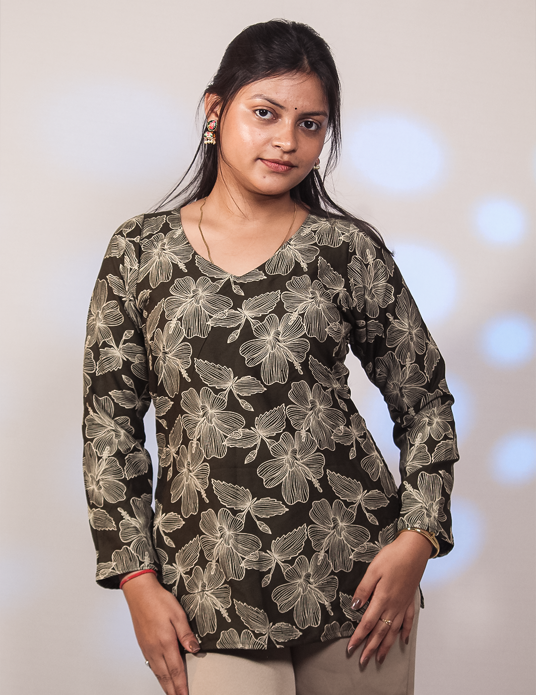 Nira – Olive Green Floral Printed Short Kurti for Women