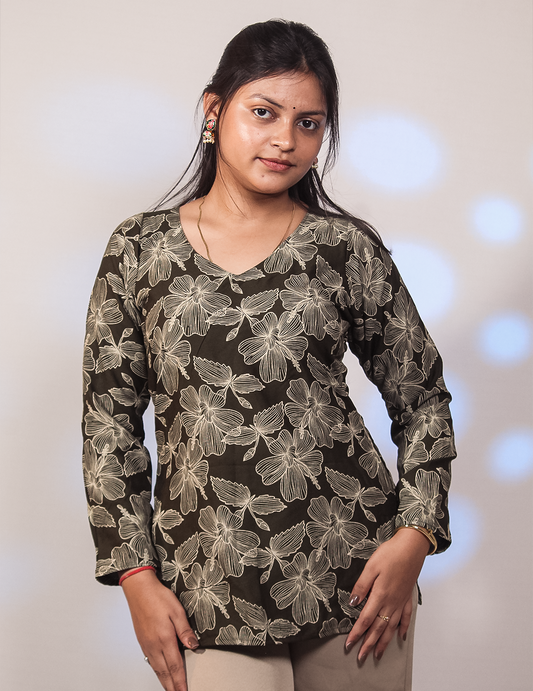 Nira – Olive Green Floral Printed Short Kurti for Women