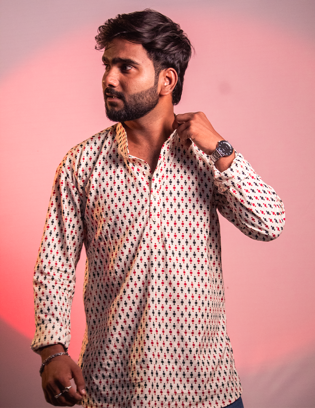 Pookie for him – Cream Printed Full-Sleeve Short Kurta for Men
