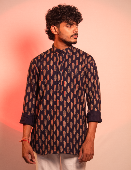 Ishq – Navy Blue Ethnic Printed Full-Sleeve Short Kurta for Him