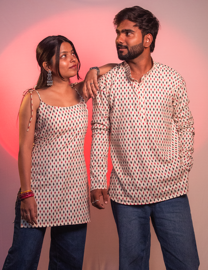 Pookie – White Printed Couple Twinning Short Kurta & Kurti for Him & Her