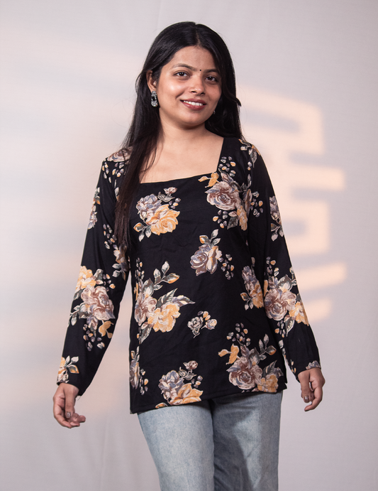 Noorika – Black Floral Printed Square-Neck Short Kurti for Women