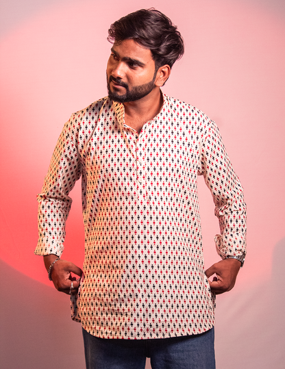 Pookie for him – Cream Printed Full-Sleeve Short Kurta for Men