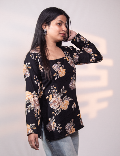 Noorika – Black Floral Printed Square-Neck Short Kurti for Women