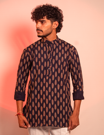 Ishq – Navy Blue Ethnic Printed Full-Sleeve Short Kurta for Him