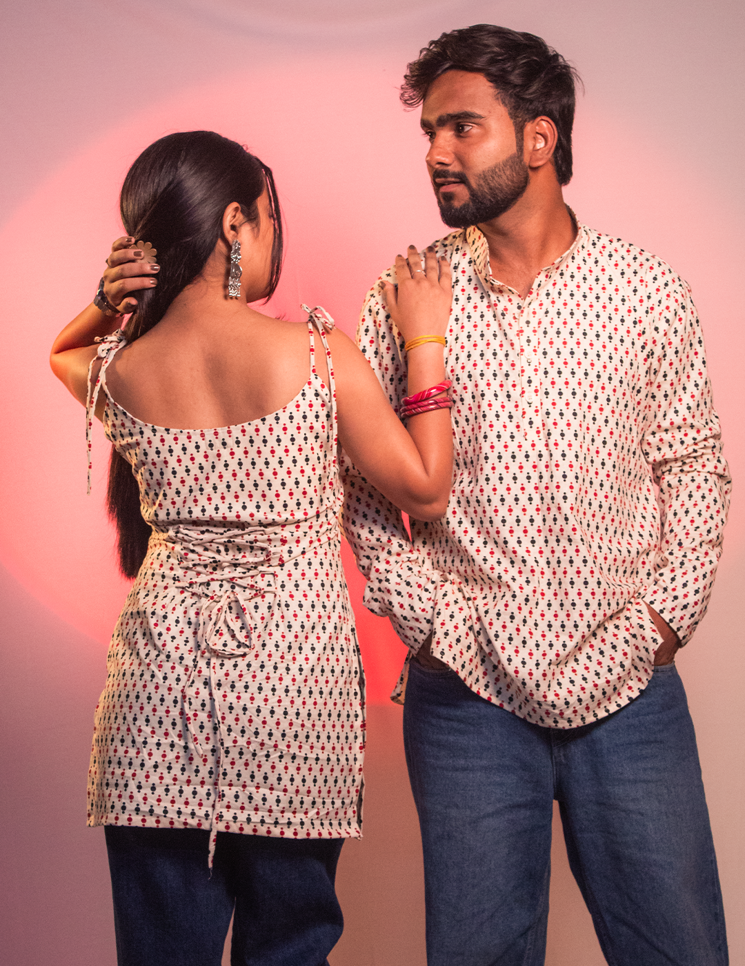 Pookie – White Printed Couple Twinning Short Kurta & Kurti for Him & Her