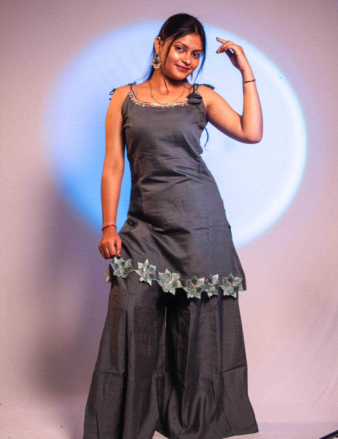 Aaira – Charcoal Grey Floral BorderTwo-Piece Kurta Set