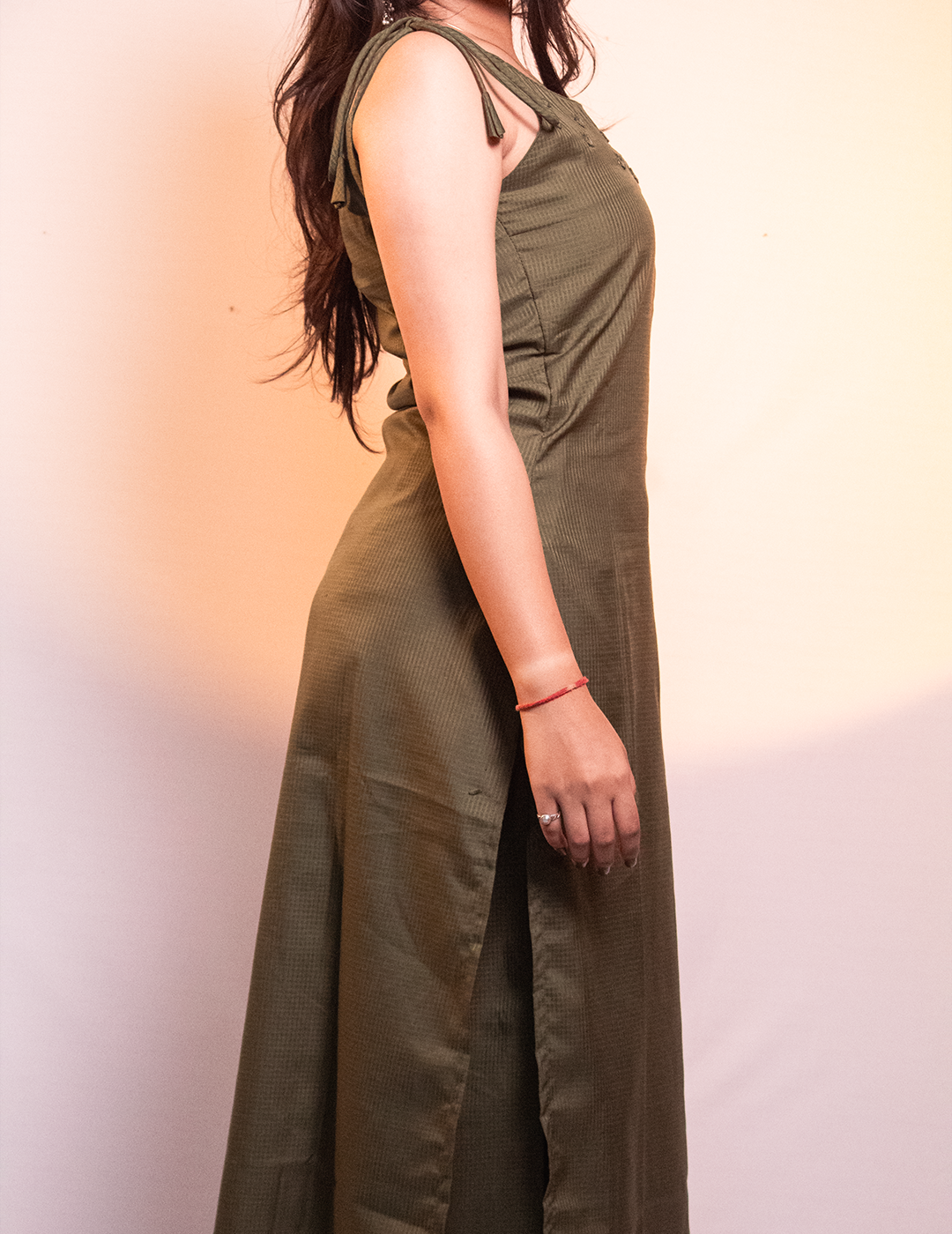 Preet – Olive Green Tie-Shoulder Embellished Two-Piece Kurta Set