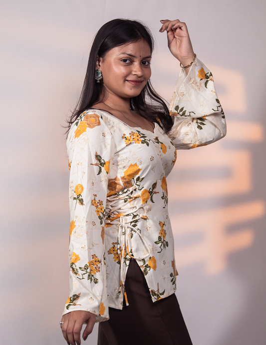 Ish – White Floral Printed Flared Short Kurti for Women