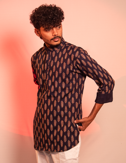 Ishq – Navy Blue Ethnic Printed Full-Sleeve Short Kurta for Him