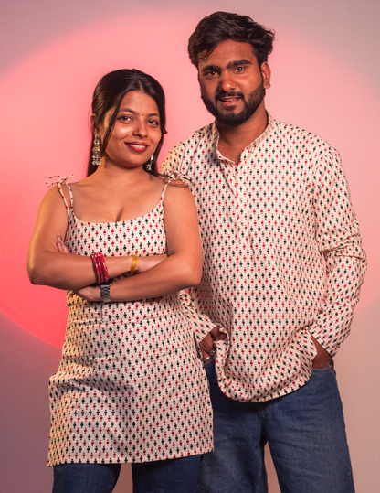 Pookie – White Printed Couple Twinning Short Kurta & Kurti for Him & Her