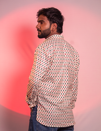 Pookie for him – Cream Printed Full-Sleeve Short Kurta for Men