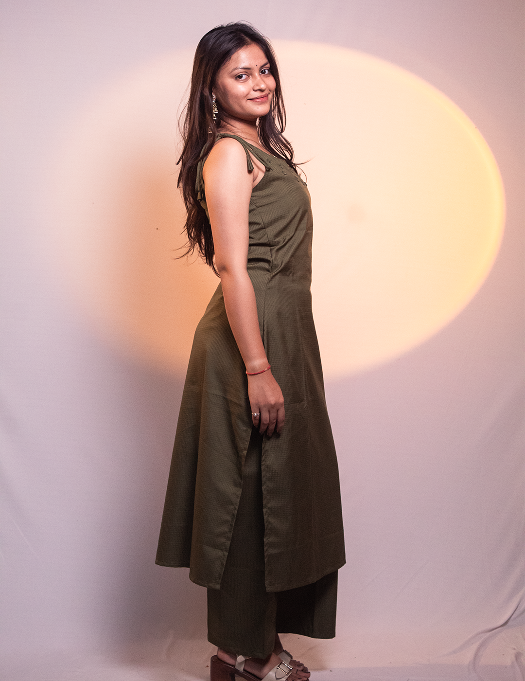 Preet – Olive Green Tie-Shoulder Embellished Two-Piece Kurta Set