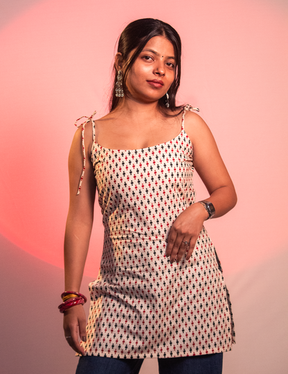 Pookie For her – Cream Ethnic Printed Tie-Shoulder Short Kurti for women