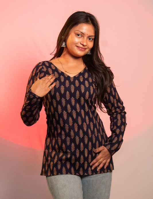 Ishq for her - Navy Blue Ethnic Printed Full-Sleeve Short Kurti