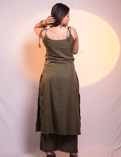 Preet – Olive Green Tie-Shoulder Embellished Two-Piece Kurta Set