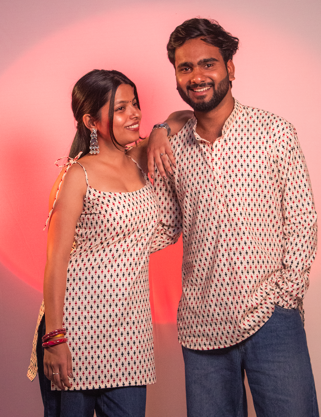 Pookie – White Printed Couple Twinning Short Kurta & Kurti for Him & Her