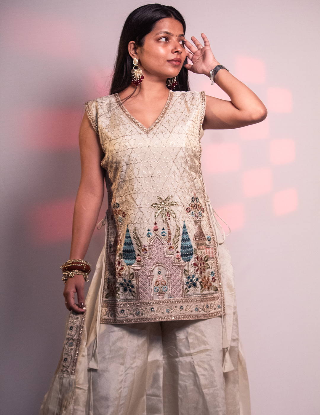 Alia – Cream Embroidered 3-Piece Designer Sharara Set