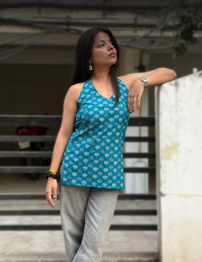 Shanaya Blue Printed Halter Neck Premium Cotton Top for Women