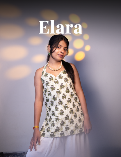 Elara Elephant Print Halter Neck Cotton Top
