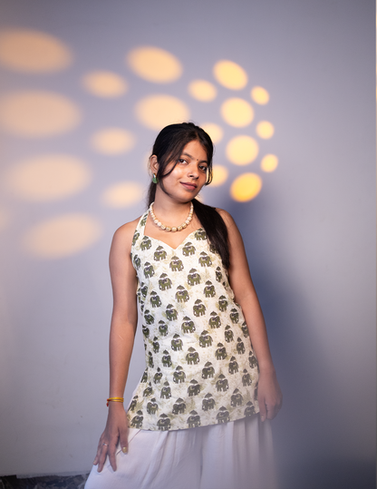 Elara Elephant Print Halter Neck Cotton Top