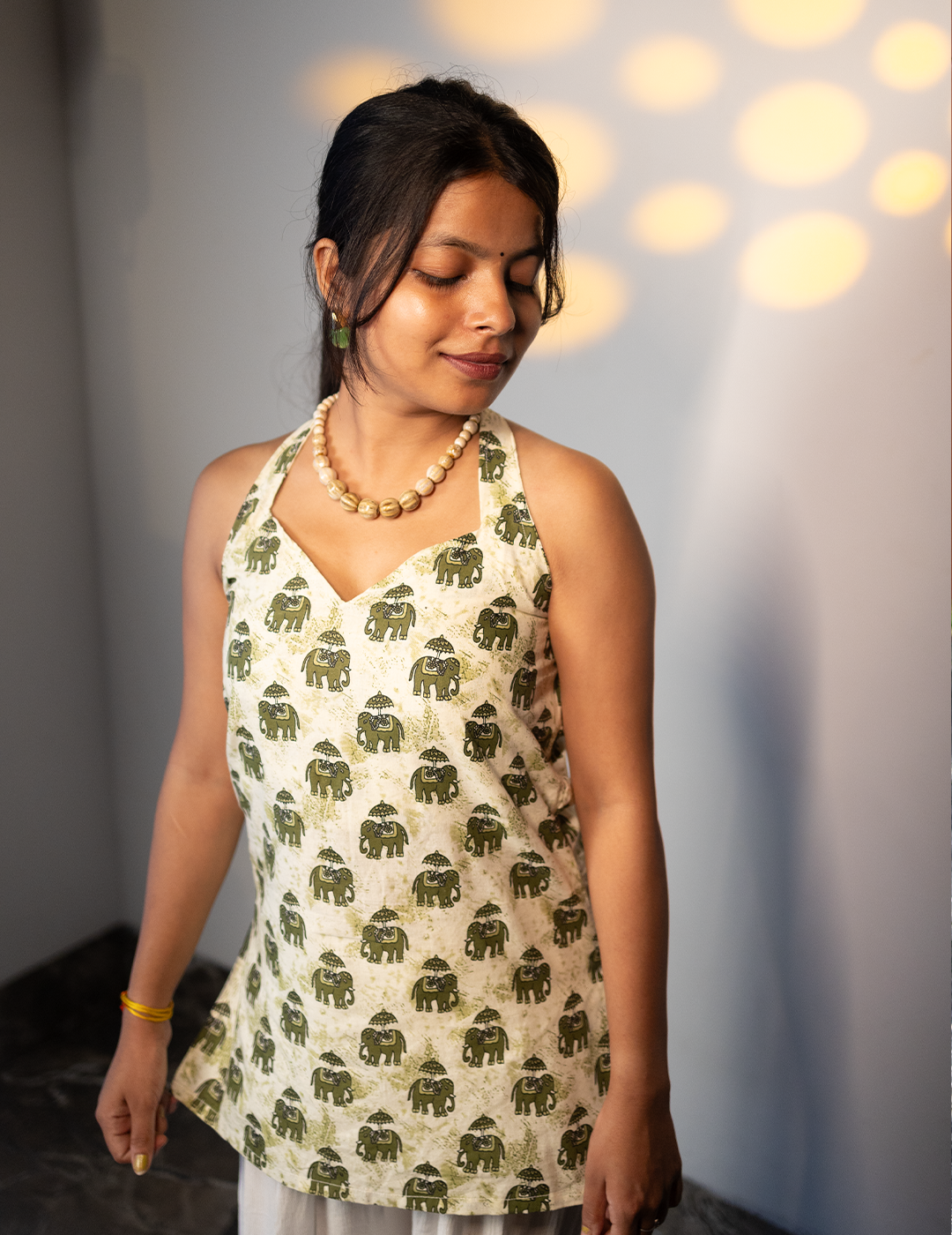 Elara Elephant Print Halter Neck Cotton Top