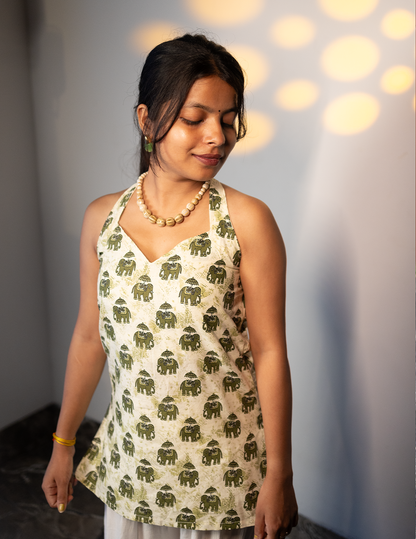 Elara Elephant Print Halter Neck Cotton Top