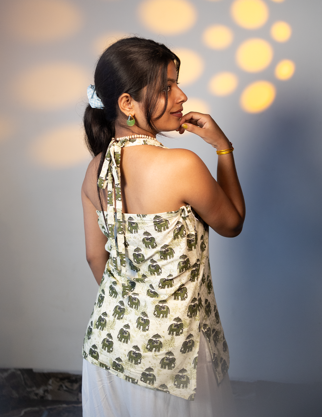 Elara Elephant Print Halter Neck Cotton Top