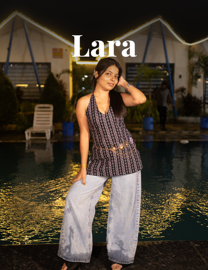 Lara – Black Printed Halter Neck Lace-Up Cotton Top
