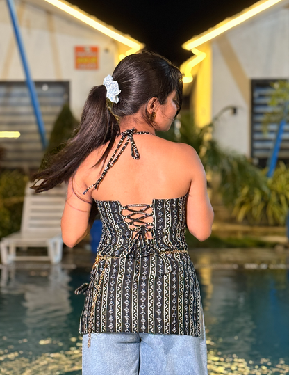 Lara – Black Printed Halter Neck Lace-Up Cotton Top
