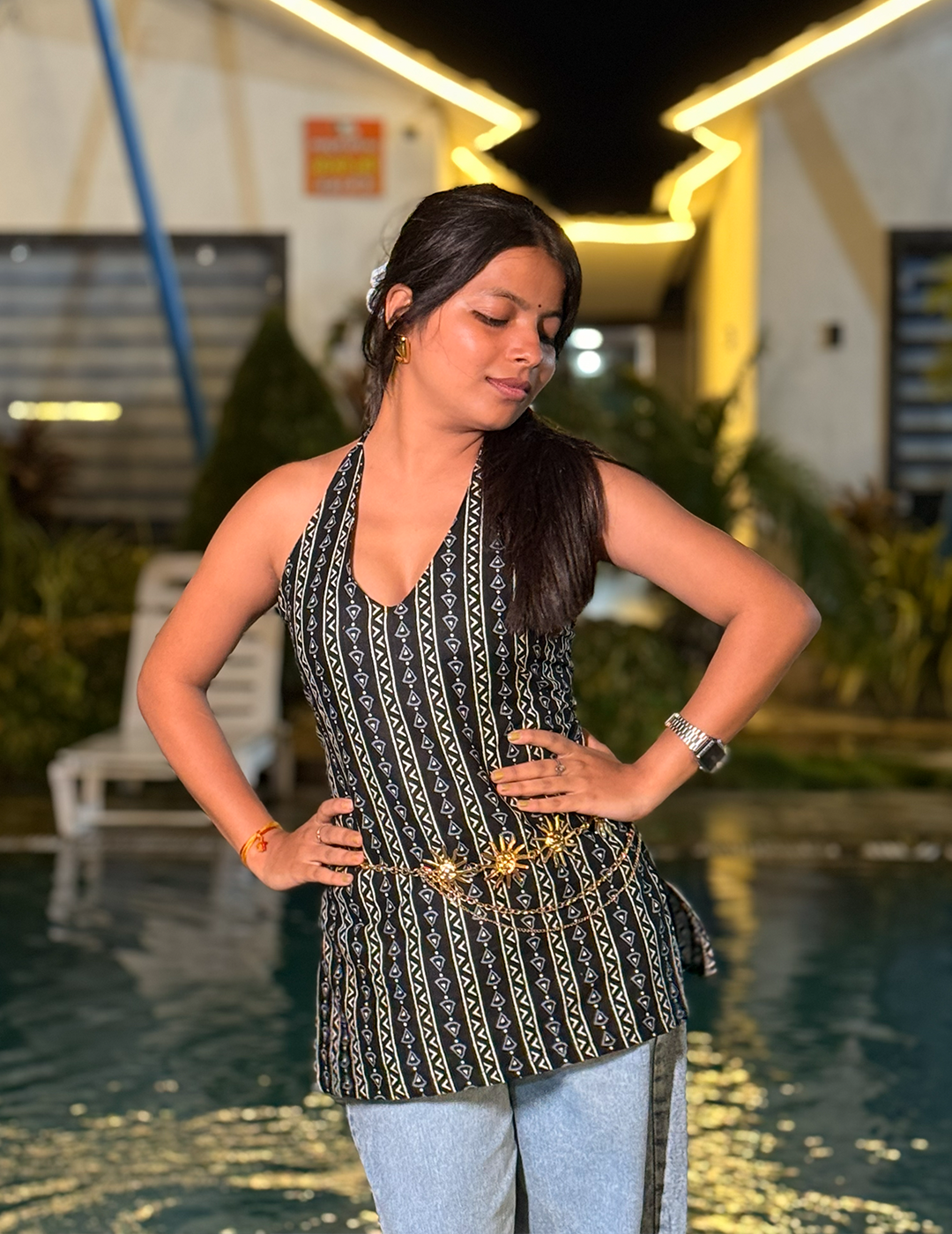 Lara – Black Printed Halter Neck Lace-Up Cotton Top