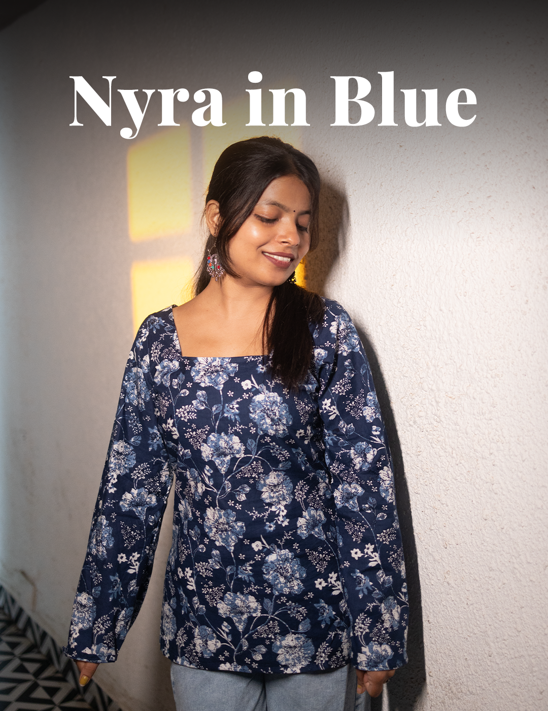 Nyra – Blue Floral Full Sleeves Cotton Kurti