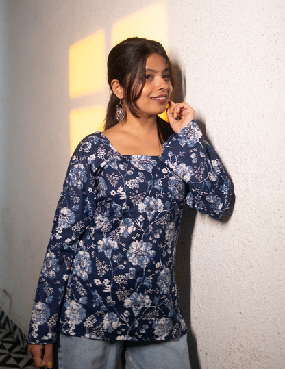 Nyra – Blue Floral Full Sleeves Cotton Kurti