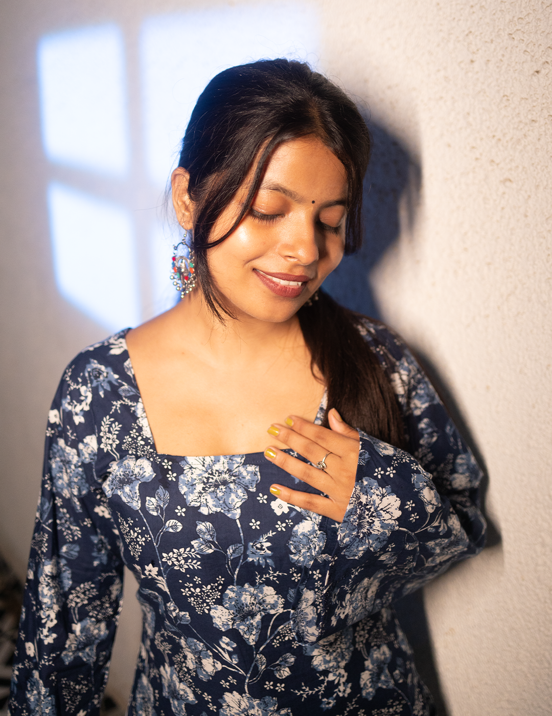 Nyra – Blue Floral Full Sleeves Cotton Kurti