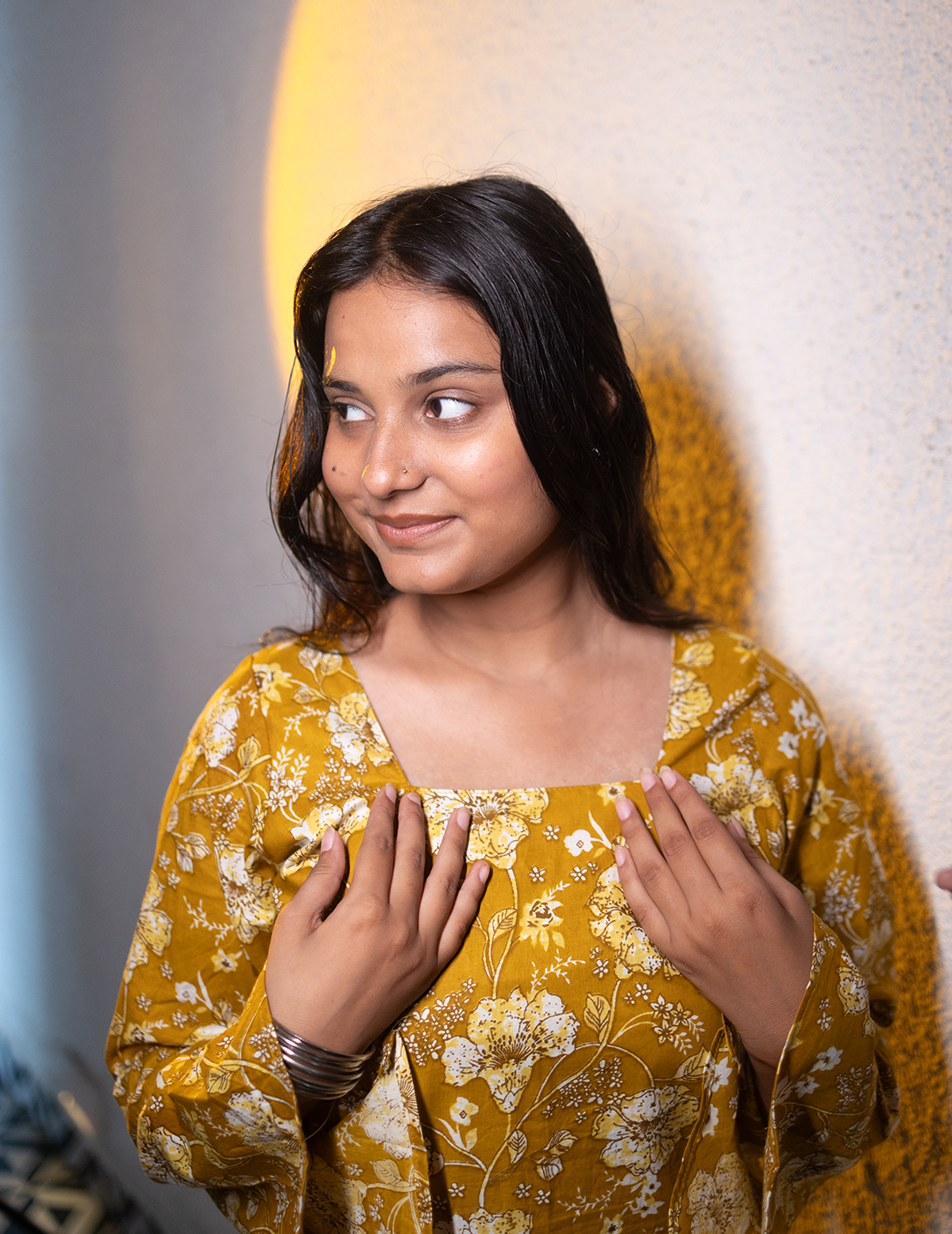 Nyra – Mustard Full Sleeves Floral Kurti