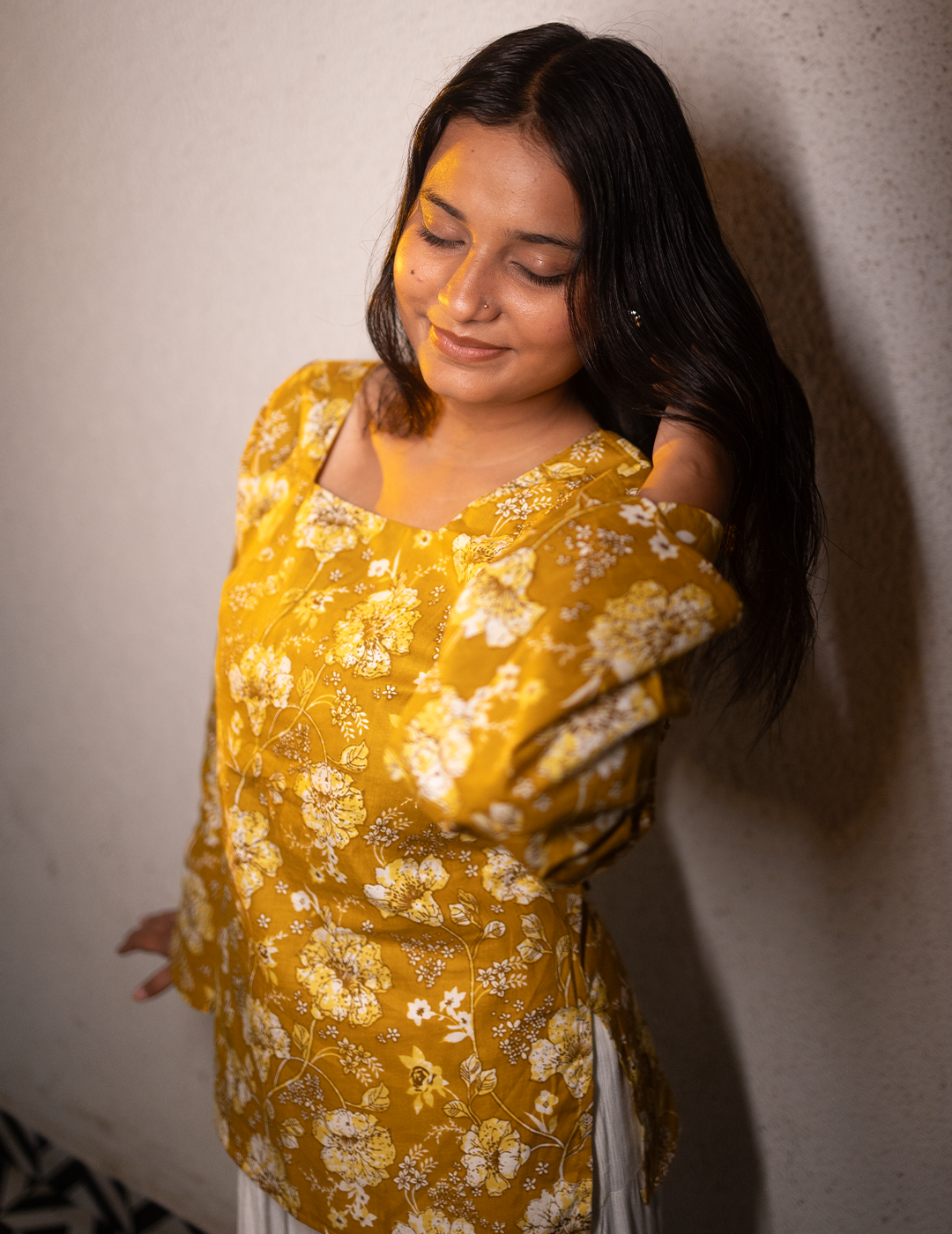 Nyra – Mustard Full Sleeves Floral Kurti
