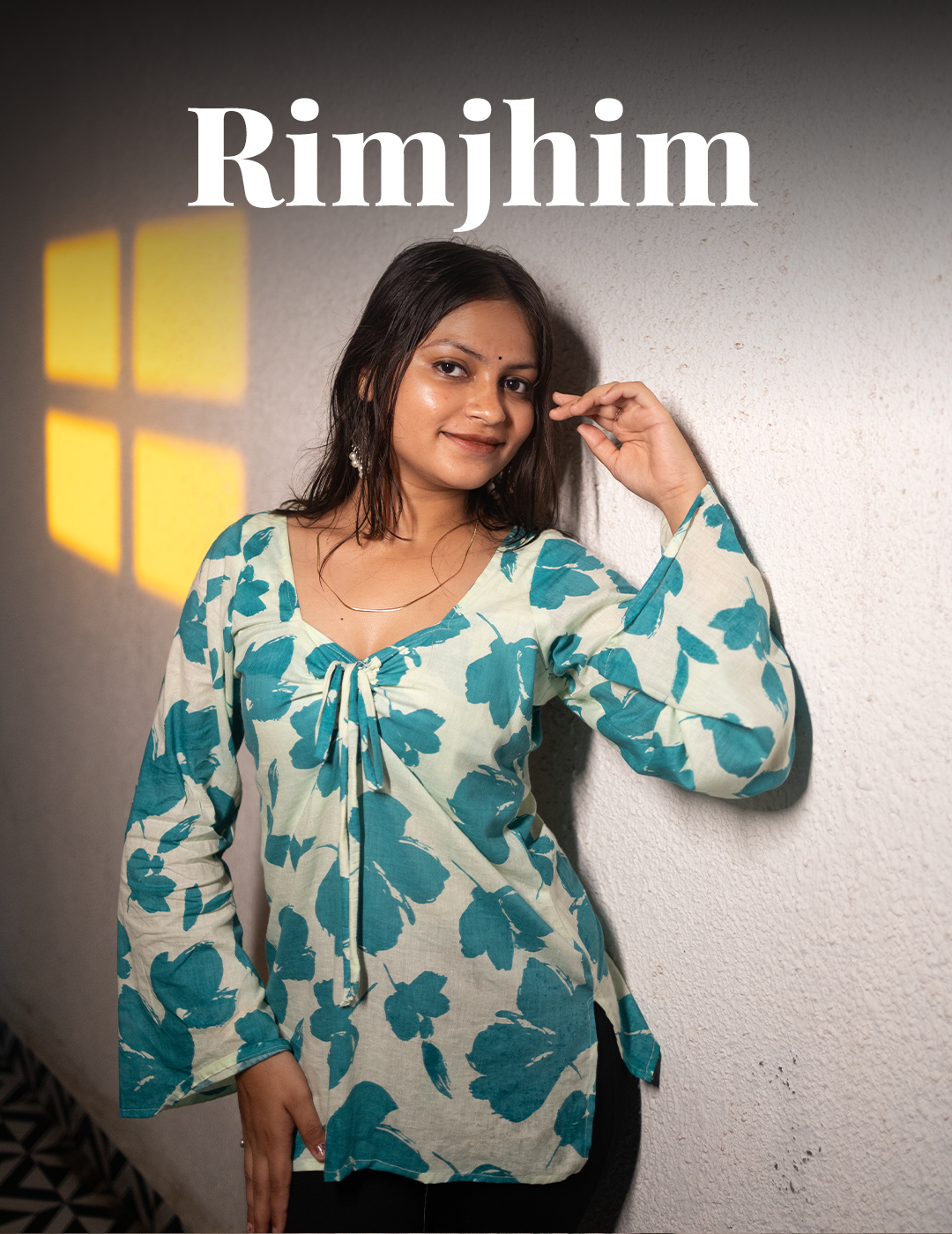 Rimjhim –Floral Cotton Kurti with Tie-Up Neck