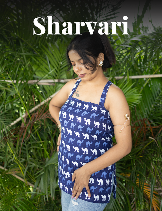 Sharvari – Blue Camel Print Cross-Back Cotton Kurti