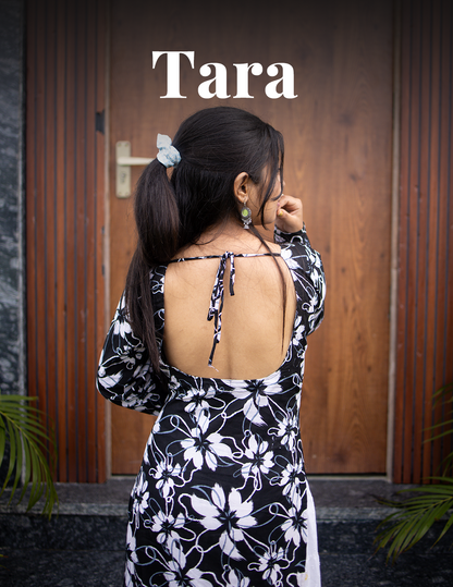 Tara – Black Floral Backless Cotton Long Kurti