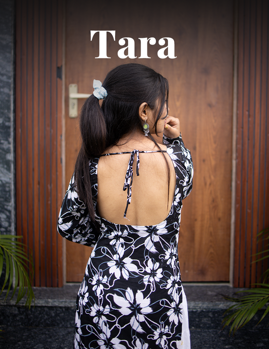 Tara – Black Floral Backless Cotton Long Kurti