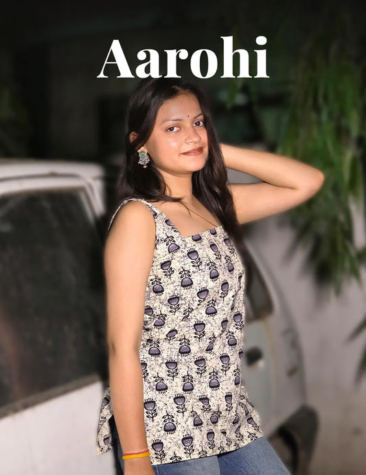 Aarohi – Floral Printed Sleeveless Premium Cotton Kurti for Women